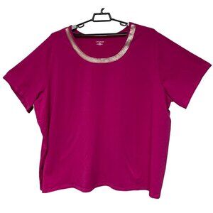 Catherines Hot Pink Short Sleeve Embellished Round Neck Women's Top Size 5X
